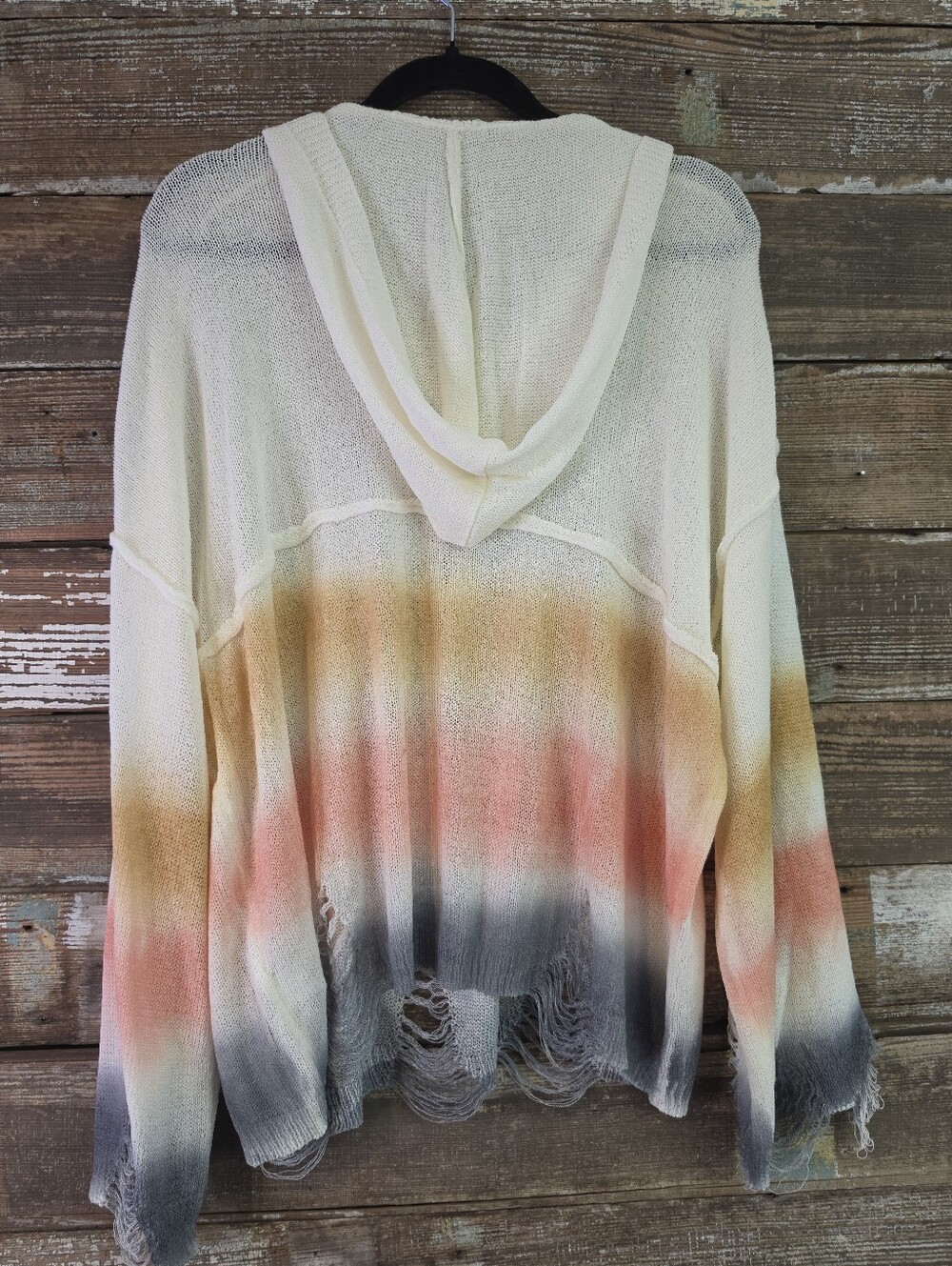 ANDTHEWHY M/L Boho Distressed Ombre Hooded Sweater Oversized Toggle Knit Top - Picture 3 of 5